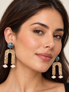 Parfois Statement Gold Teal Marbled Stone Eye Drop Earrings